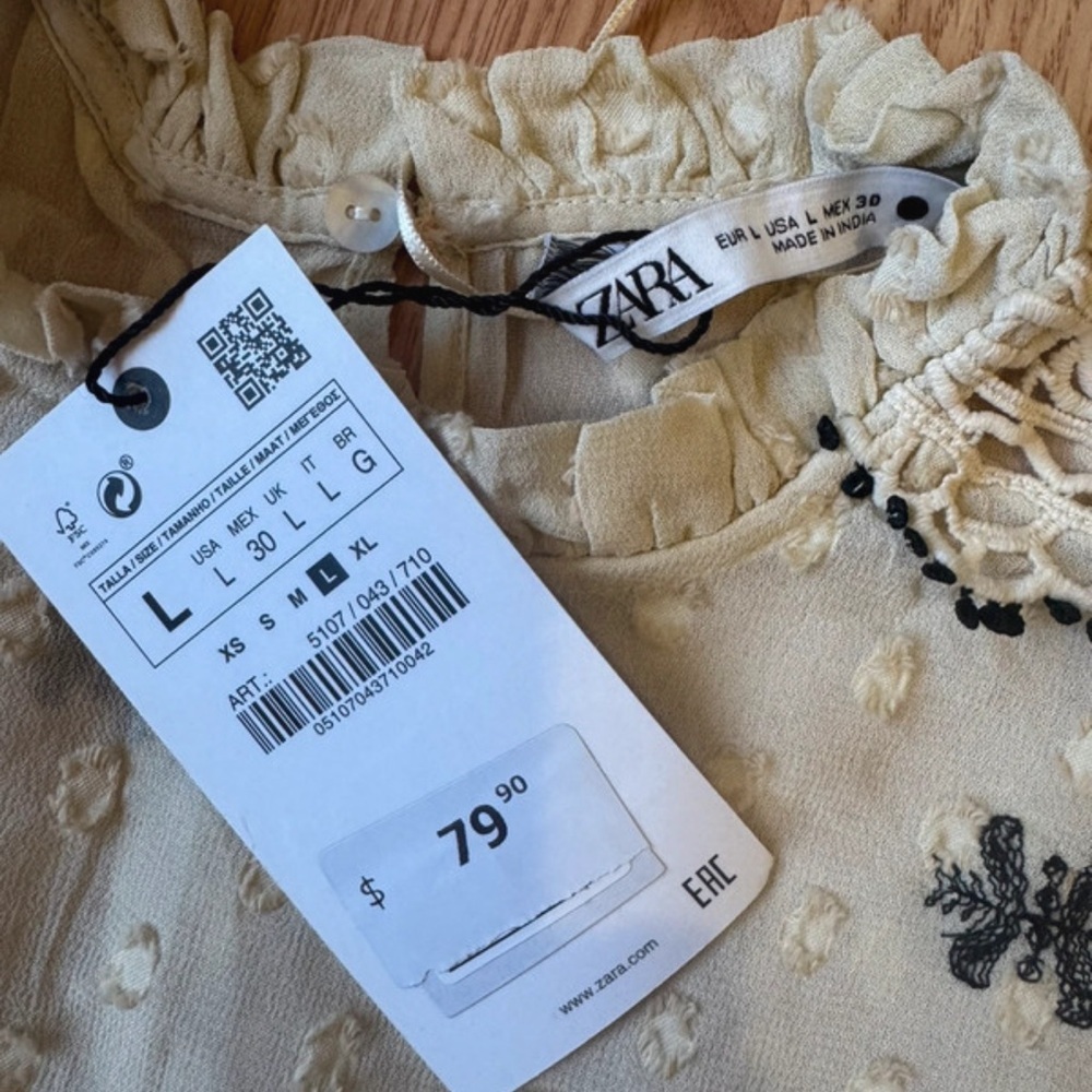 Zara Cream Embroidered Peasant Blouse with Black Accents - Picture 5 of 5